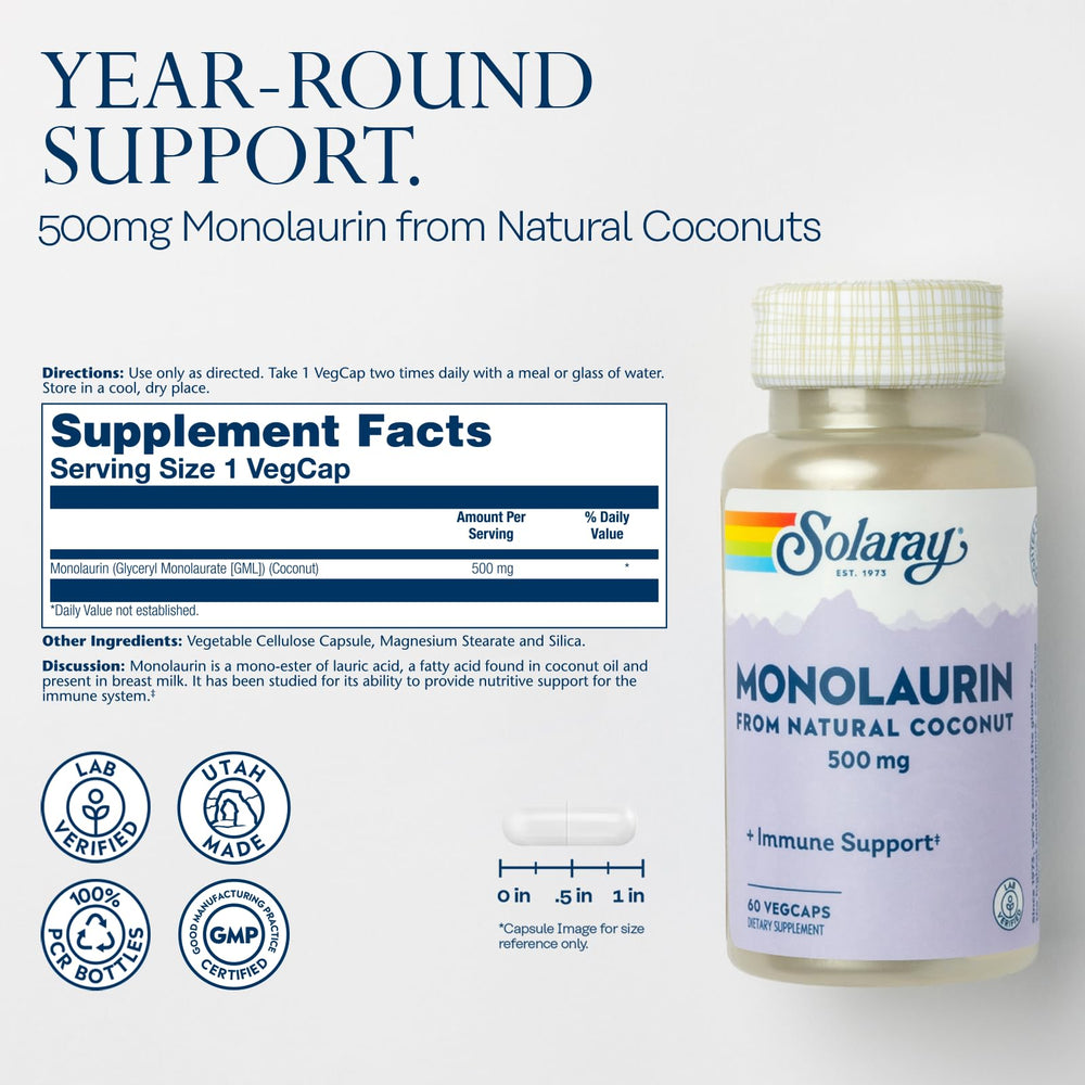 SOLARAY Monolaurin capsules closeup, easy-to-swallow veggie caps for daily use.