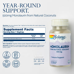 SOLARAY Monolaurin capsules closeup, easy-to-swallow veggie caps for daily use.