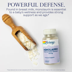 SOLARAY Monolaurin label and packaging showcase coconut-derived origin for natural nutrition.