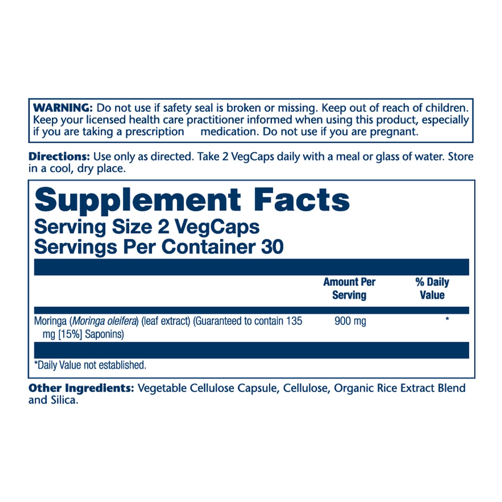 SOLARAY Moringa Capsules label close-up showing 900 mg leaf extract.