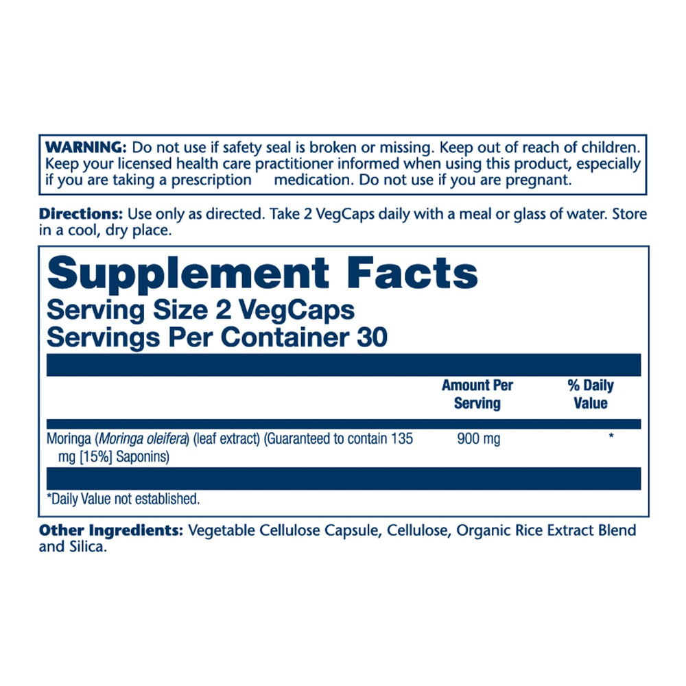 SOLARAY Moringa Capsules label close-up showing 900 mg leaf extract.