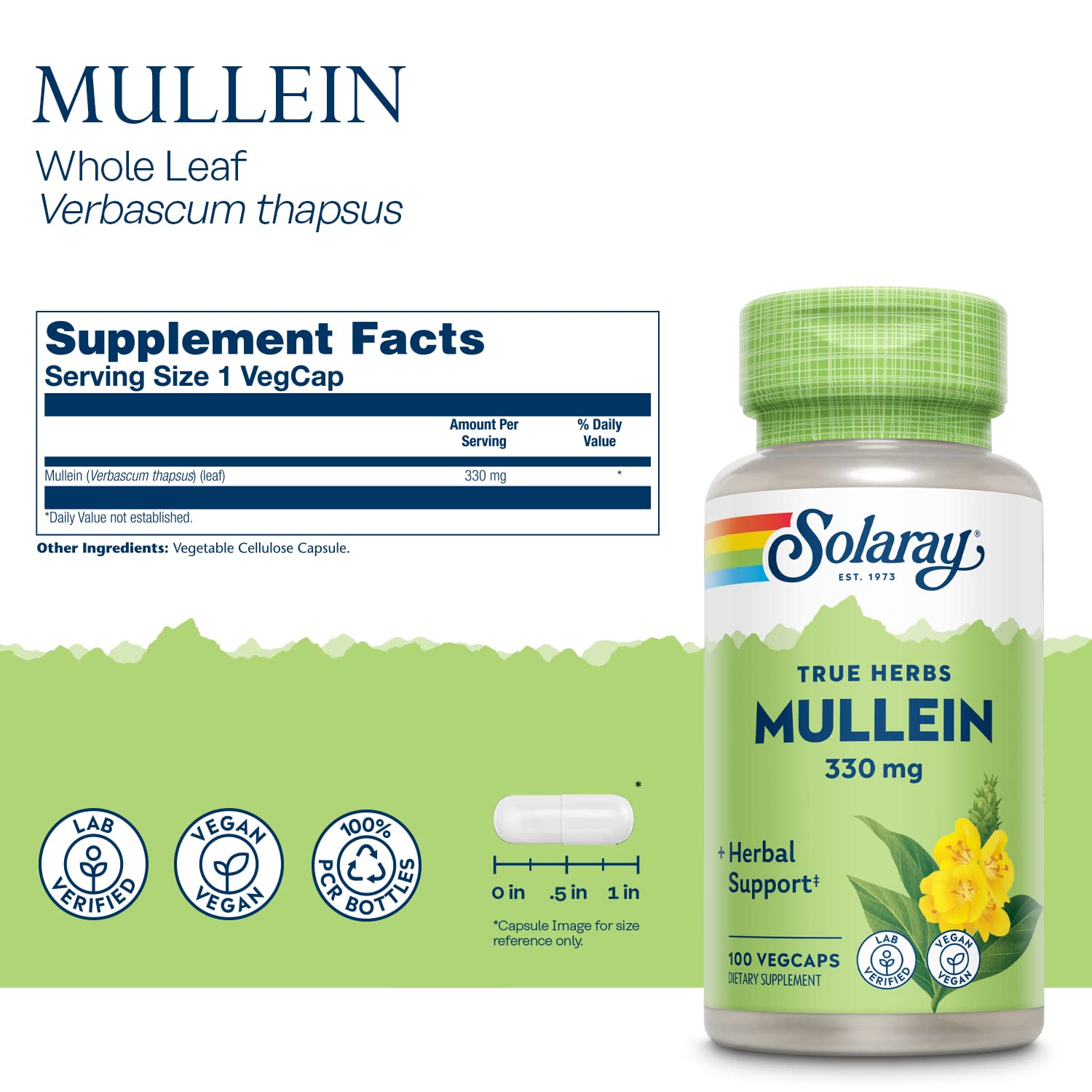 SOLARAY Mullein Leaf capsules close-up shows smooth vegan capsules.