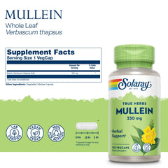 SOLARAY Mullein Leaf capsules close-up shows smooth vegan capsules.