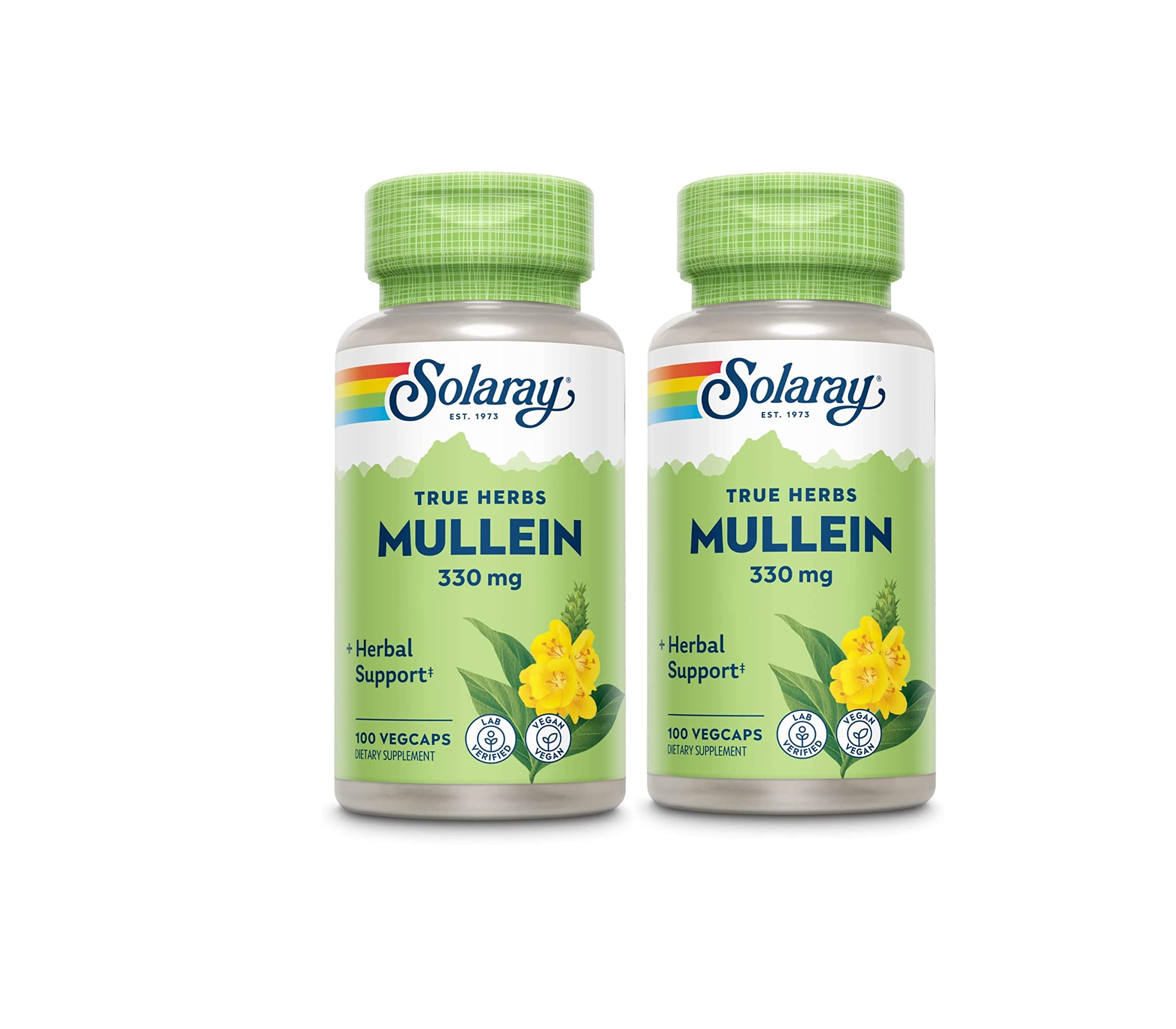 SOLARAY Mullein Leaf capsules pack two bottles for daily use.