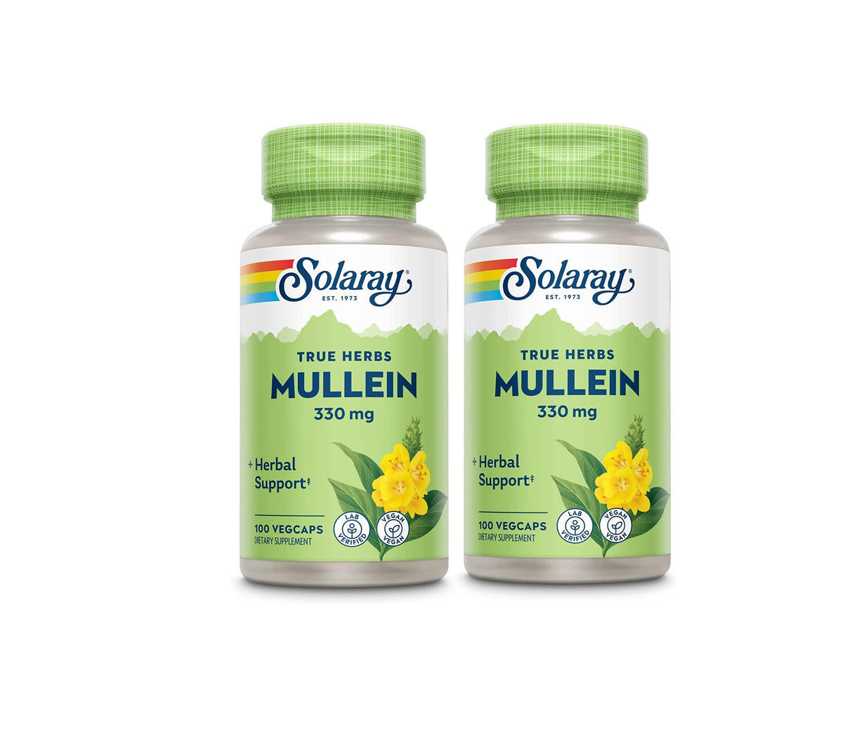 SOLARAY Mullein Leaf capsules pack two bottles for daily use.