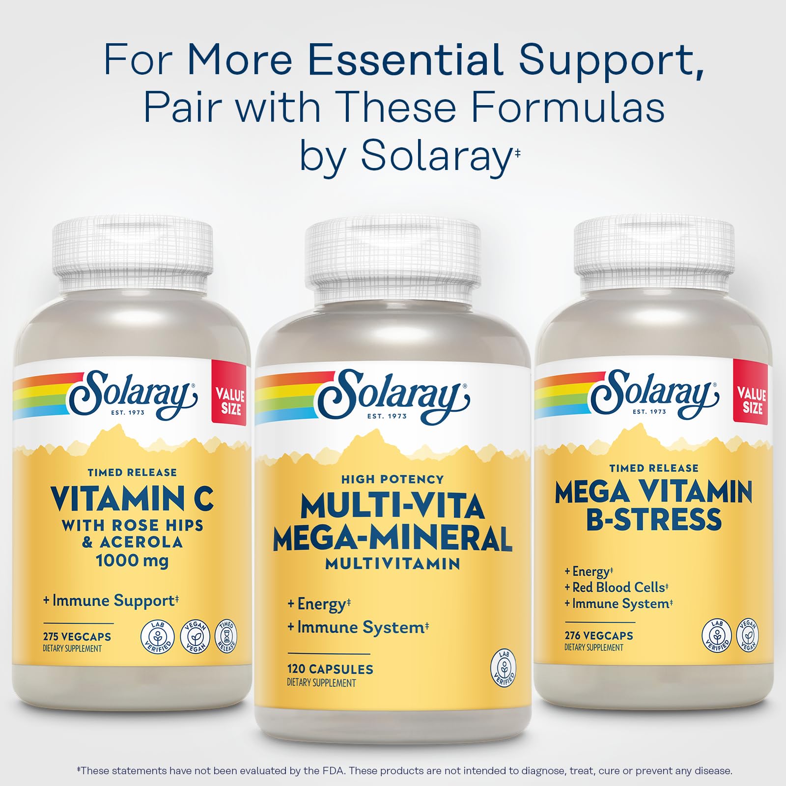 SOLARAY Multi-Vita Mega-Mineral energy-boost visuals suggest vitality.