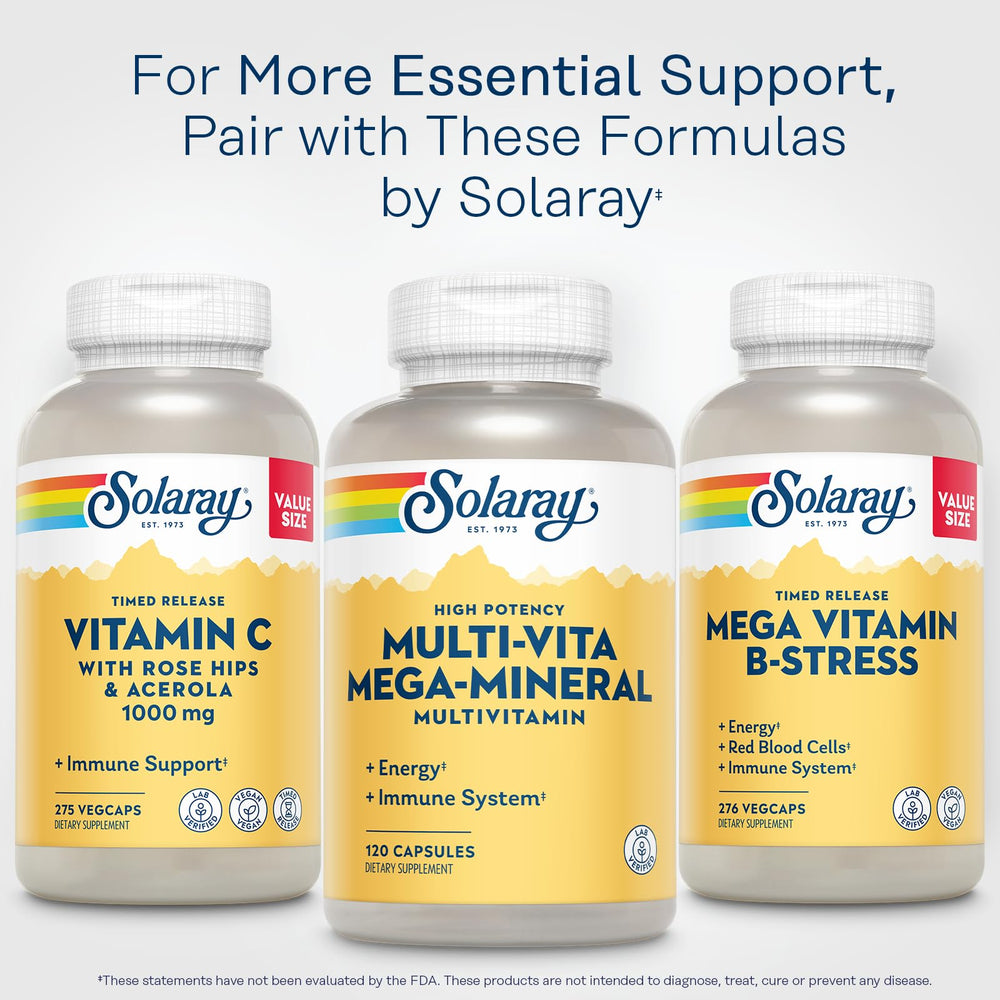 SOLARAY Multi-Vita Mega-Mineral energy-boost visuals suggest vitality.