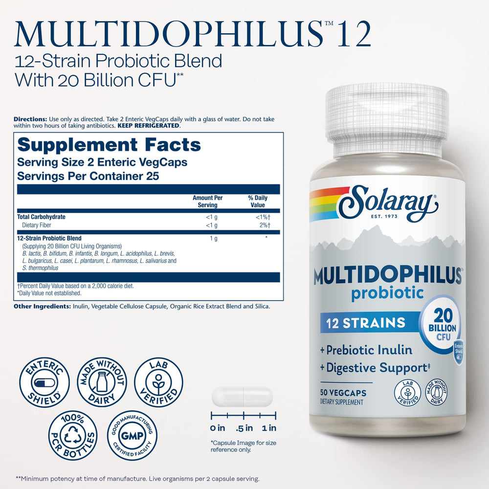 Solaray Multidophilus capsules closeup showing enteric coating benefits.