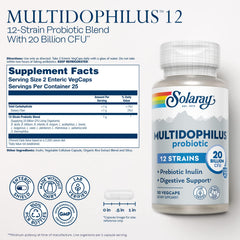 Solaray Multidophilus capsules closeup showing enteric coating benefits.