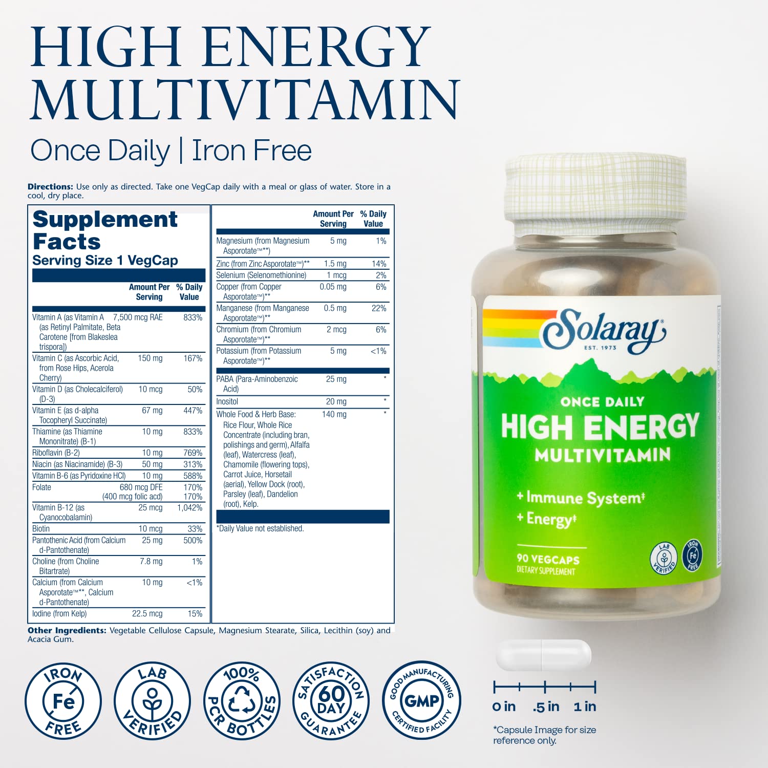 Close-up of Solaray multivitamin capsules, showing easy-to-swallow vegetarian format