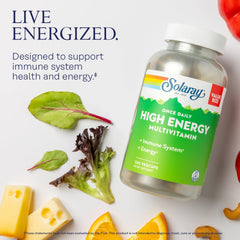 SOLARAY multivitamin label detail shows the Vitamin C, D, and B complex for daily wellness.