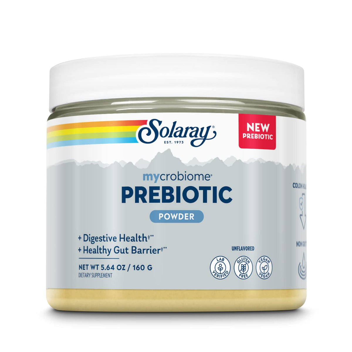 SOLARAY Mycrobiome Prebiotic Powder bottle supports easy daily gut health