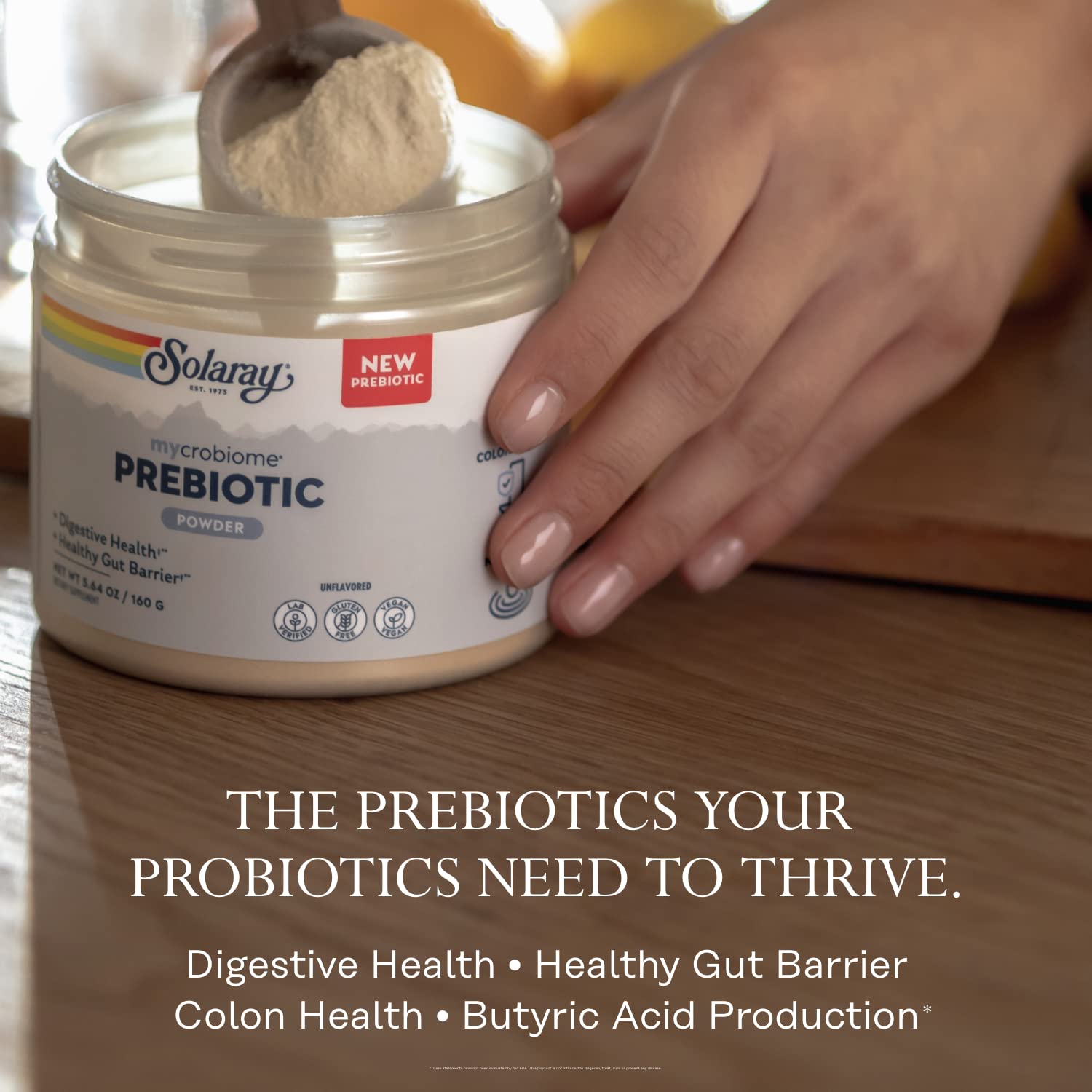 SOLARAY Mycrobiome Prebiotic Powder glass shows a ready-to-drink mix