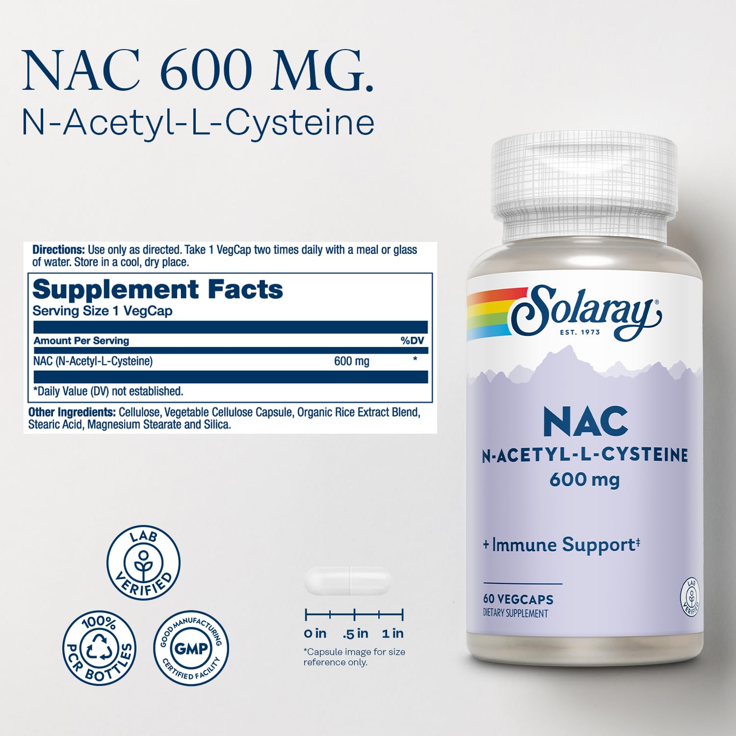 Solaray NAC label on bottle highlighting quality immune support per serving