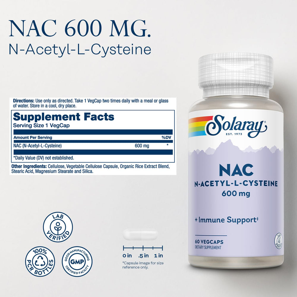 Solaray NAC label on bottle highlighting quality immune support per serving