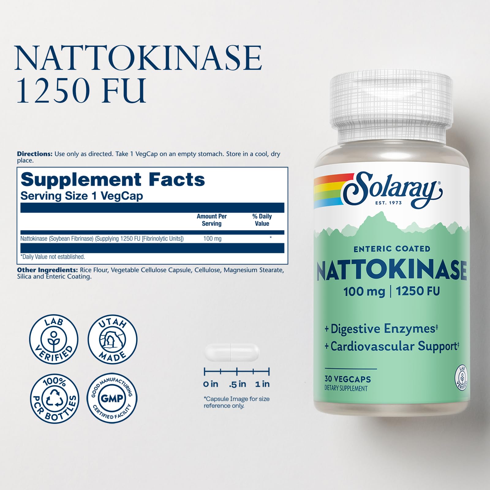 SOLARAY Nattokinase capsules close-up highlighting enteric coating for absorption