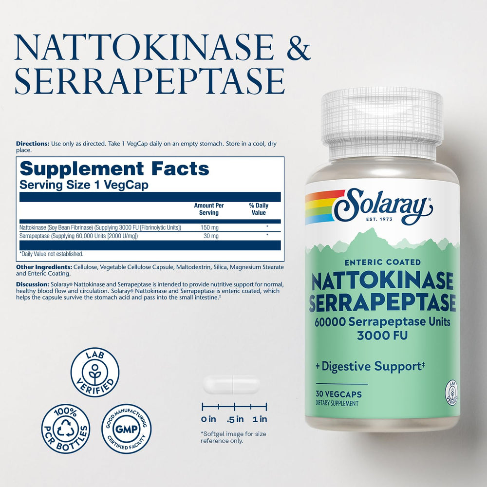 SOLARAY nattokinase-serrapeptase bottle side view showing enteric coating
