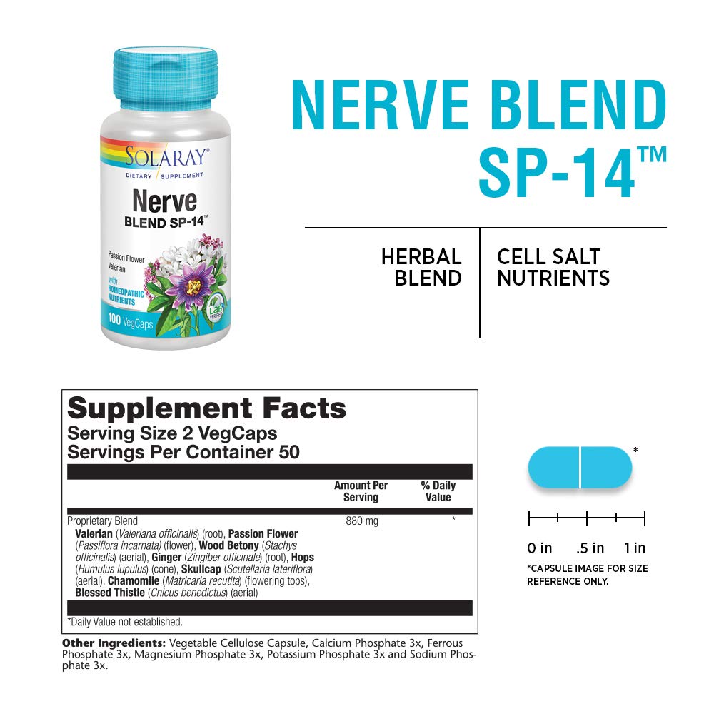 SOLARAY Nerve Blend SP-14 capsules shown for convenient daily soothing