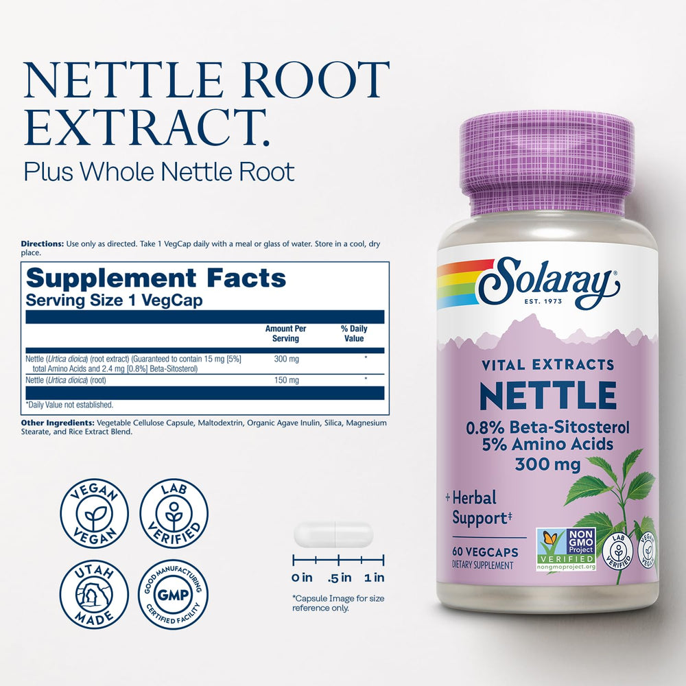SOLARAY nettle root capsules ready for daily urinary support routine.