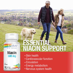 SOLARAY Niacin 500mg label details showing vegan, non-GMO status and purity