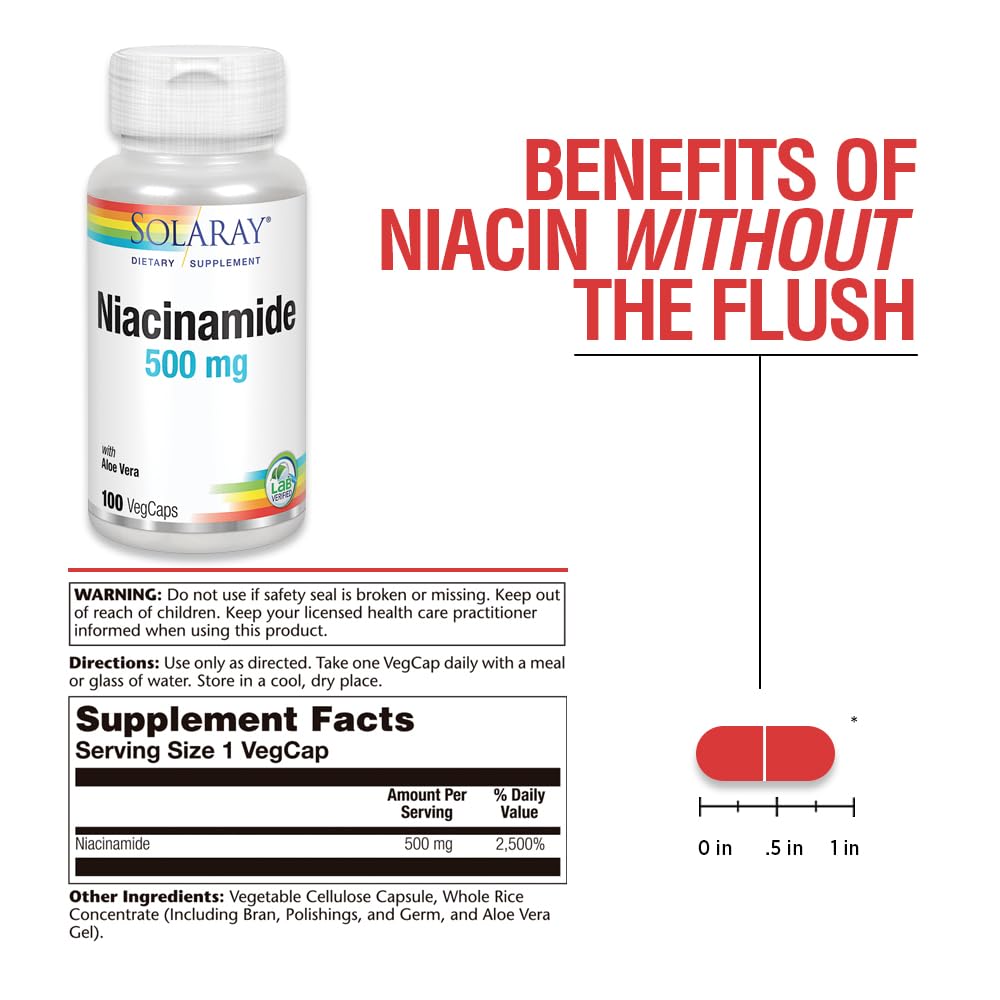SOLARAY Niacinamide 500 mg label close-up highlighting vegan and non-GMO quality