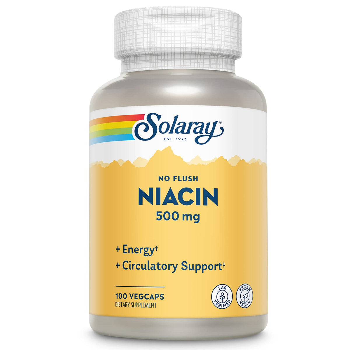SOLARAY No-Flush Niacin 500mg bottle with flush-free energy support