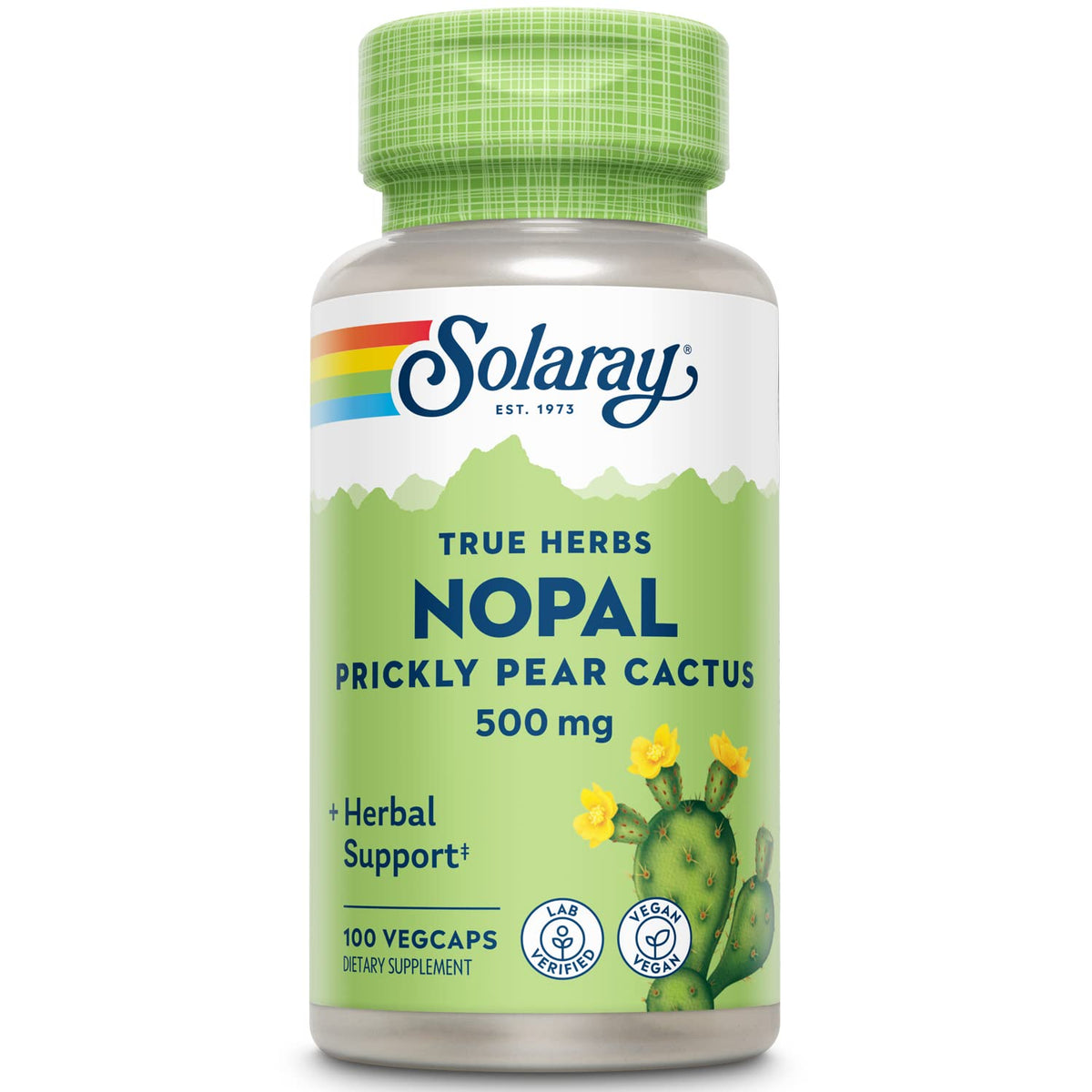 Solaray Nopal bottle front view highlights a convenient daily wellness routine.