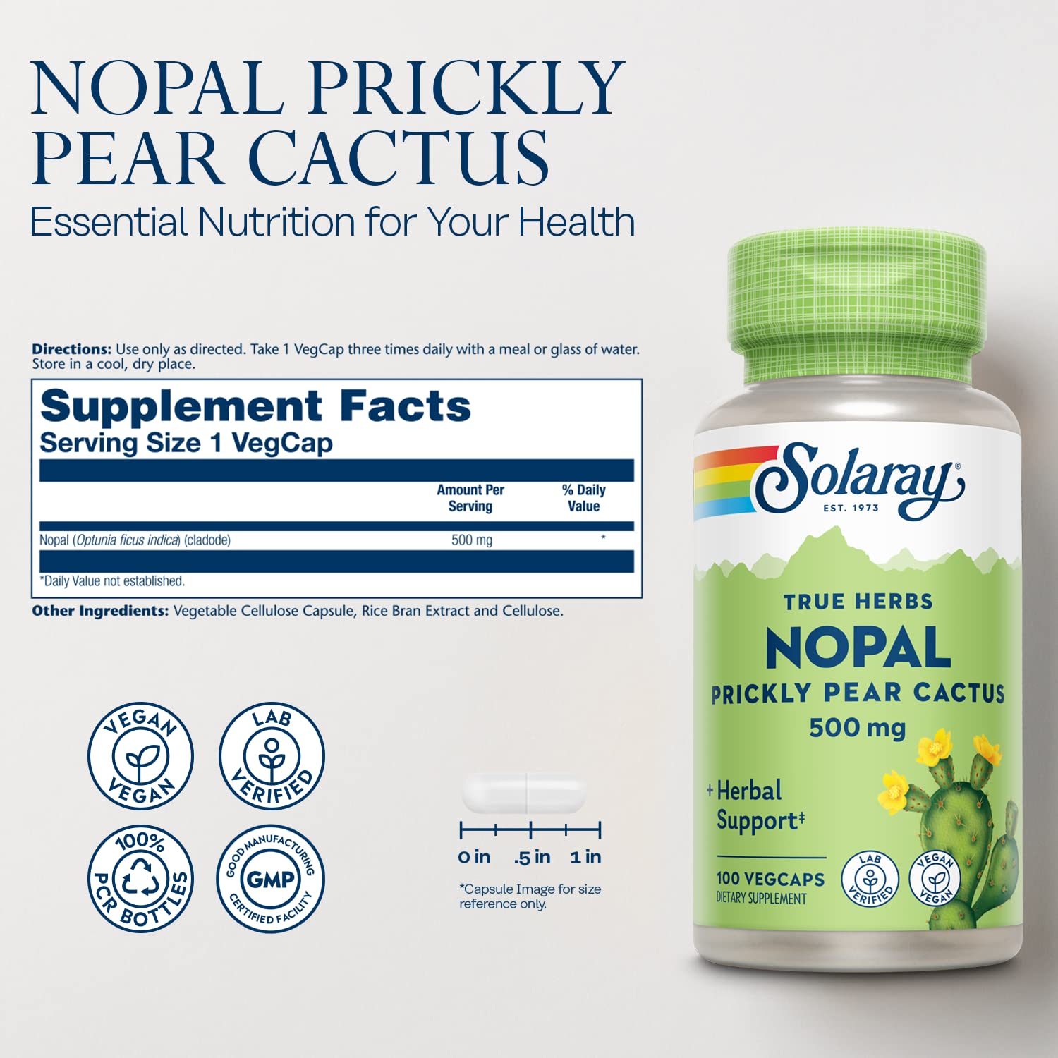 Solaray Nopal capsules closeup showcases easy-to-take vegan capsules for everyday use.