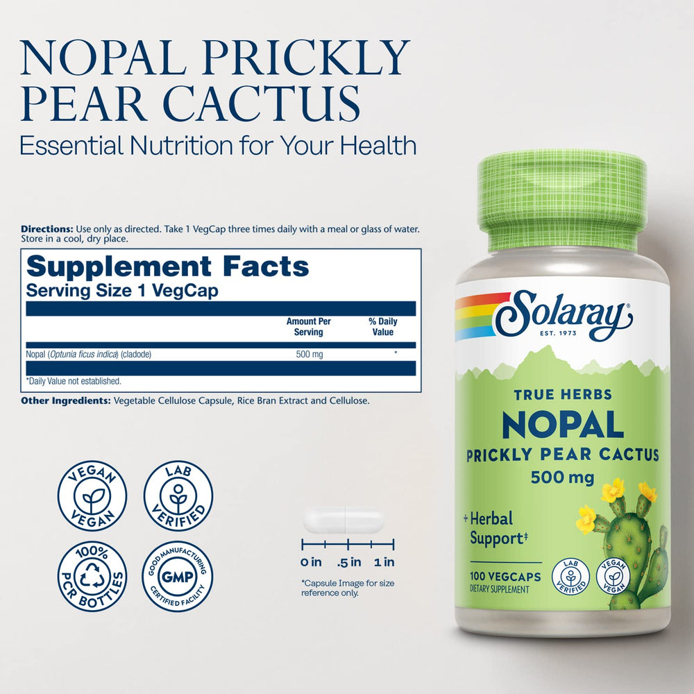 Solaray Nopal capsules closeup showcases easy-to-take vegan capsules for everyday use.