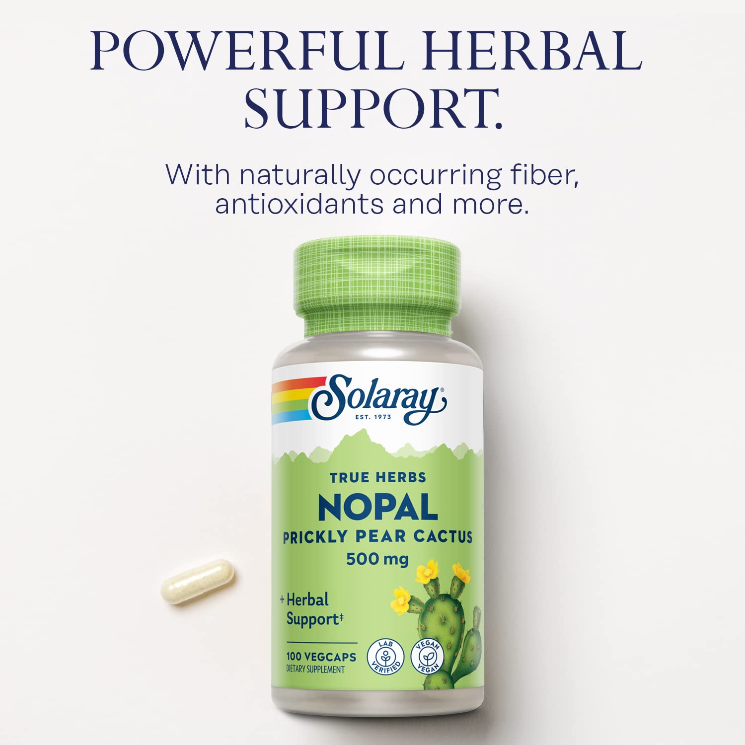 Solaray Nopal capsules in bottle emphasize fiber-rich nutrition for balanced daily health.