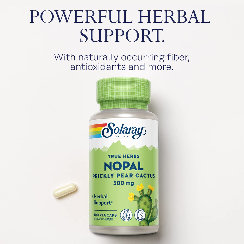 Solaray Nopal capsules in bottle emphasize fiber-rich nutrition for balanced daily health.