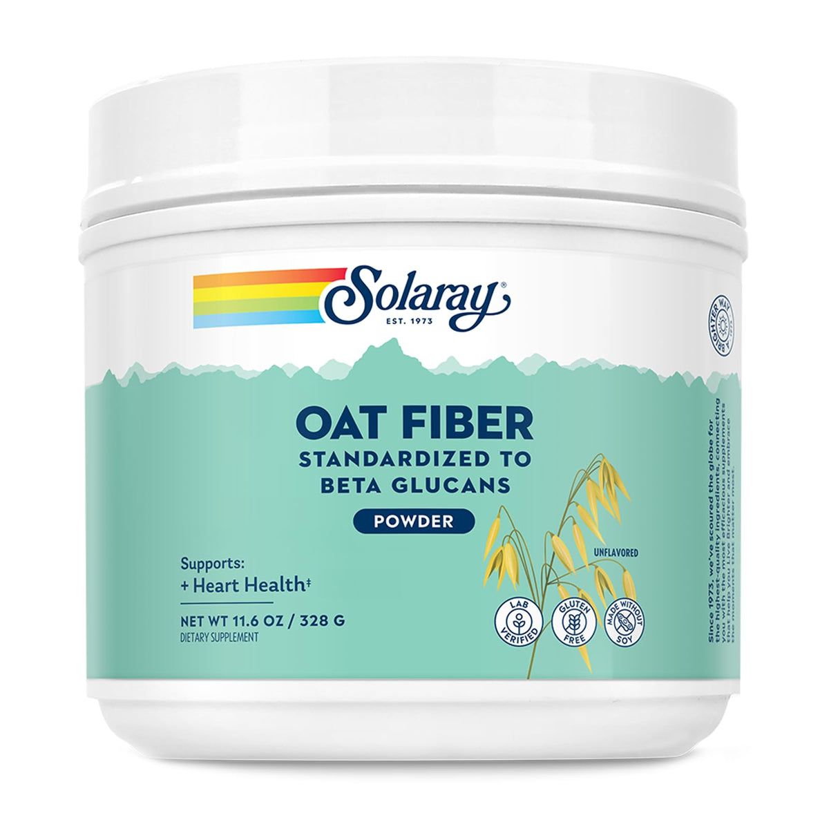 SOLARAY Oat Fiber bottle front, gluten-free and vegan labeling.