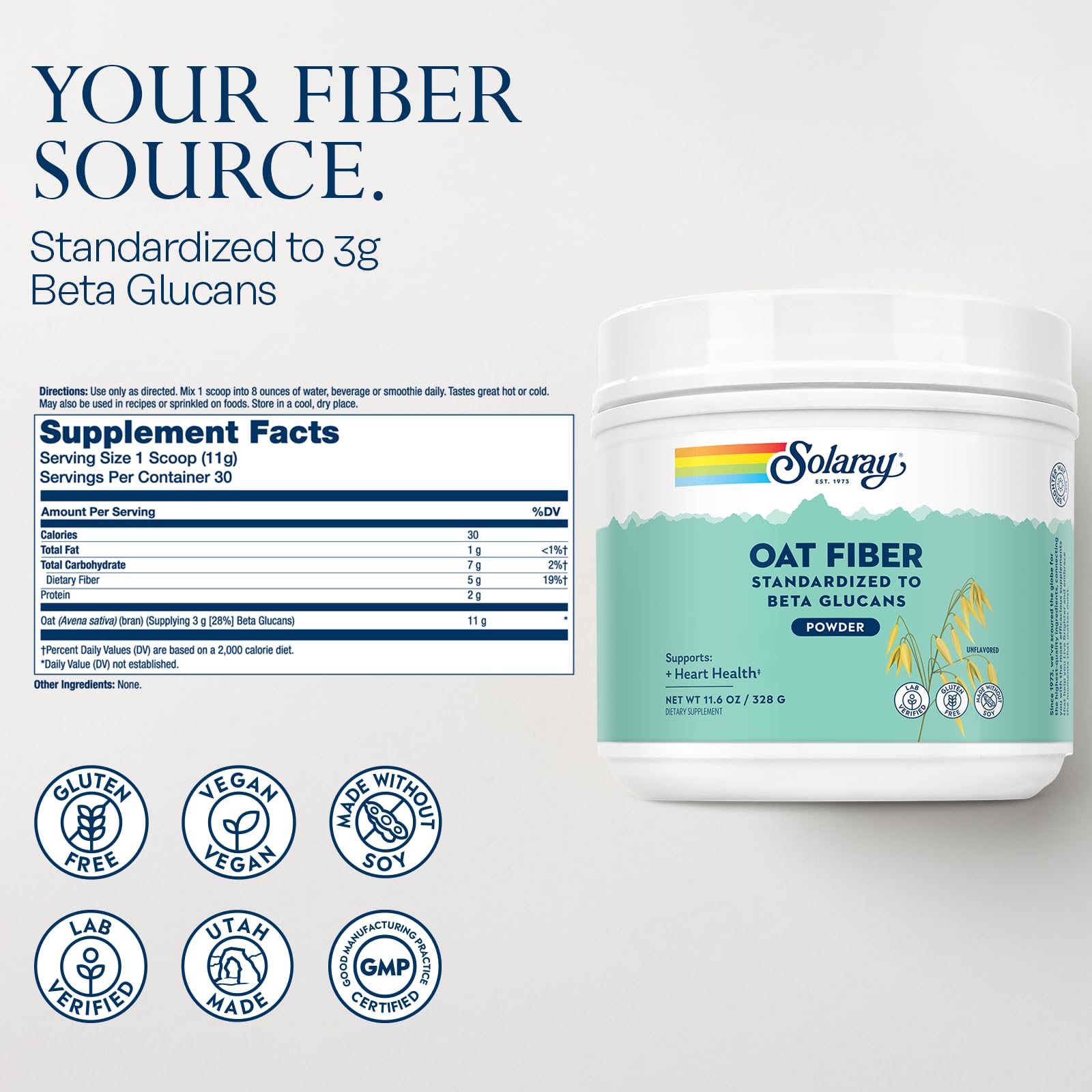 SOLARAY Oat Fiber lab verification seal indicating quality.