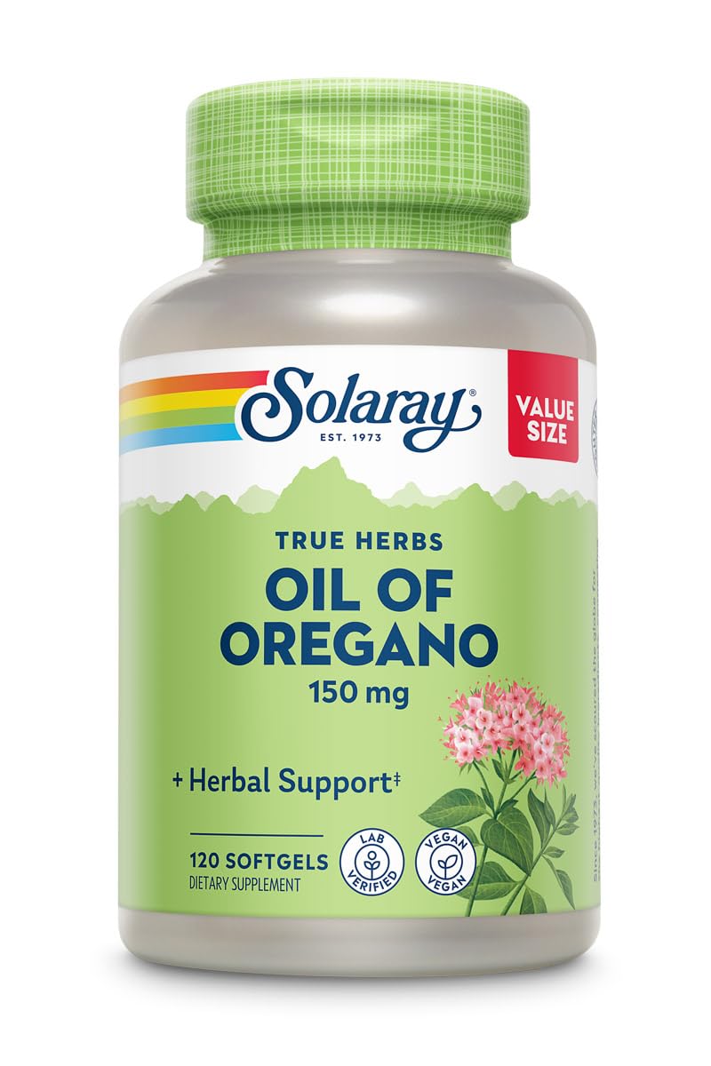 SOLARAY Oil of Oregano softgels bottle close-up for daily use.