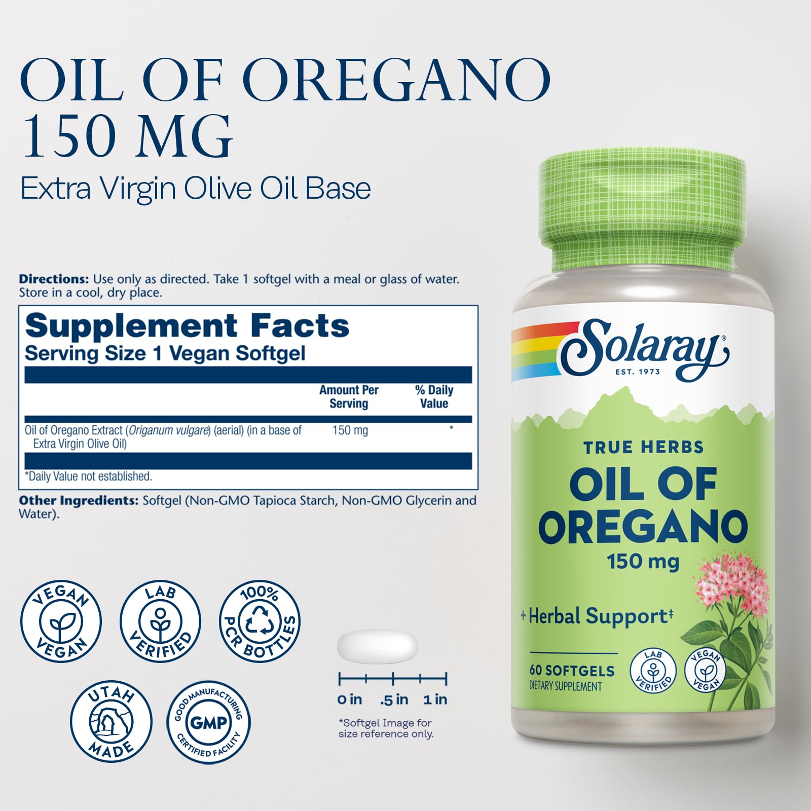 Solaray Oil of Oregano Softgels closeup highlighting 150 mg oregano oil in a vegan capsule