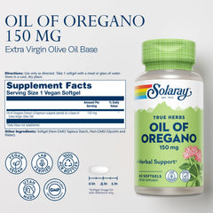 Solaray Oil of Oregano Softgels closeup highlighting 150 mg oregano oil in a vegan capsule