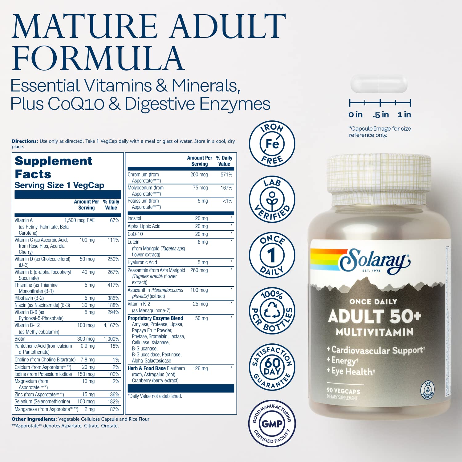 Solaray Once Daily 50+ capsules close-up for easy swallowing and daily support.