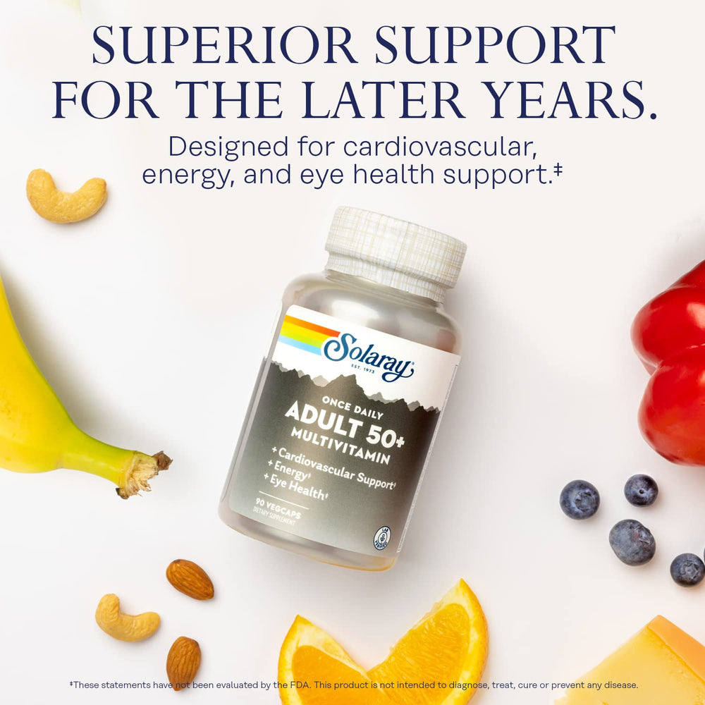 Solaray Once Daily 50+ CoQ10 capsule highlighting energy and antioxidant support.