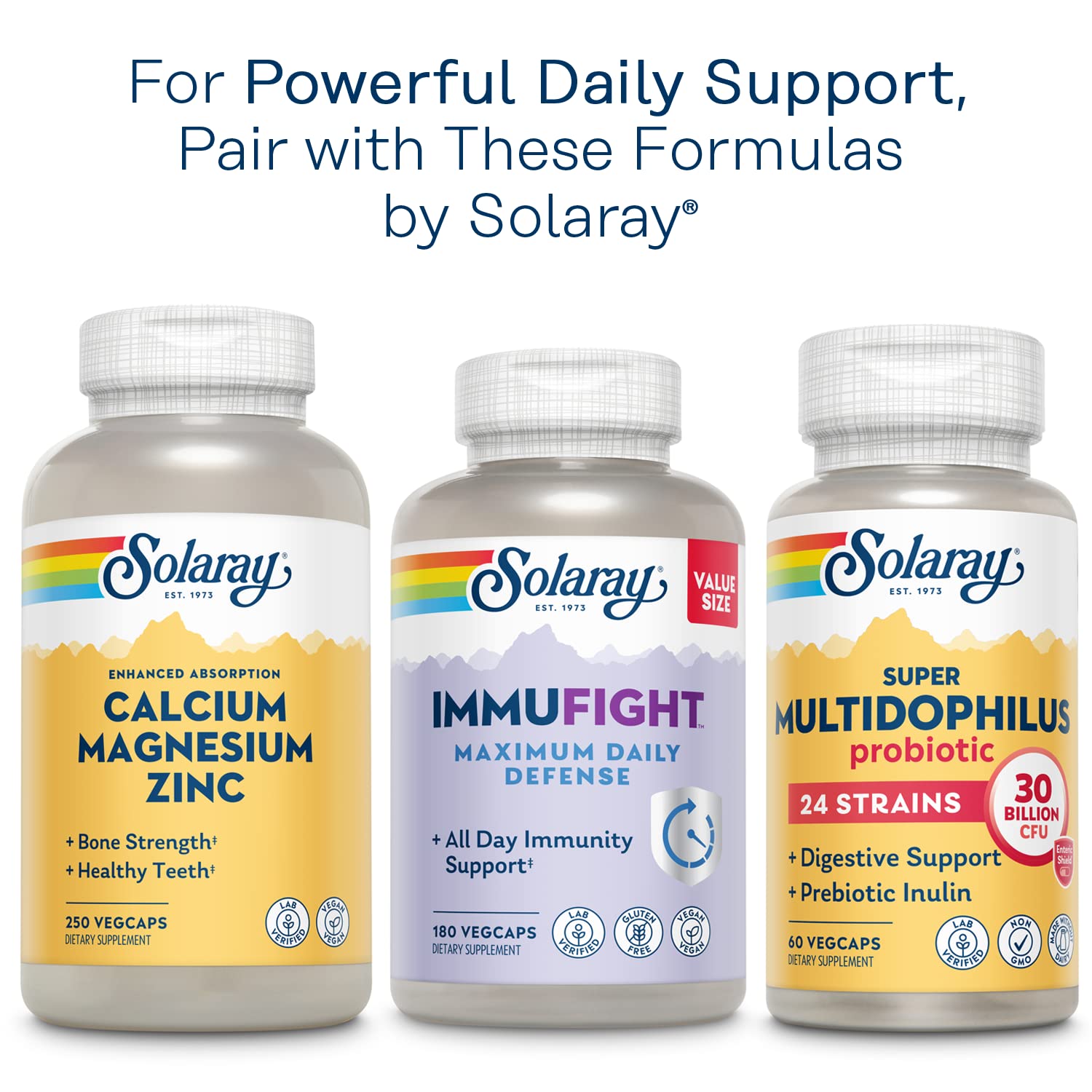 Solaray Once Daily 50+ eco-packaging highlighting recycled bottles and sustainability.