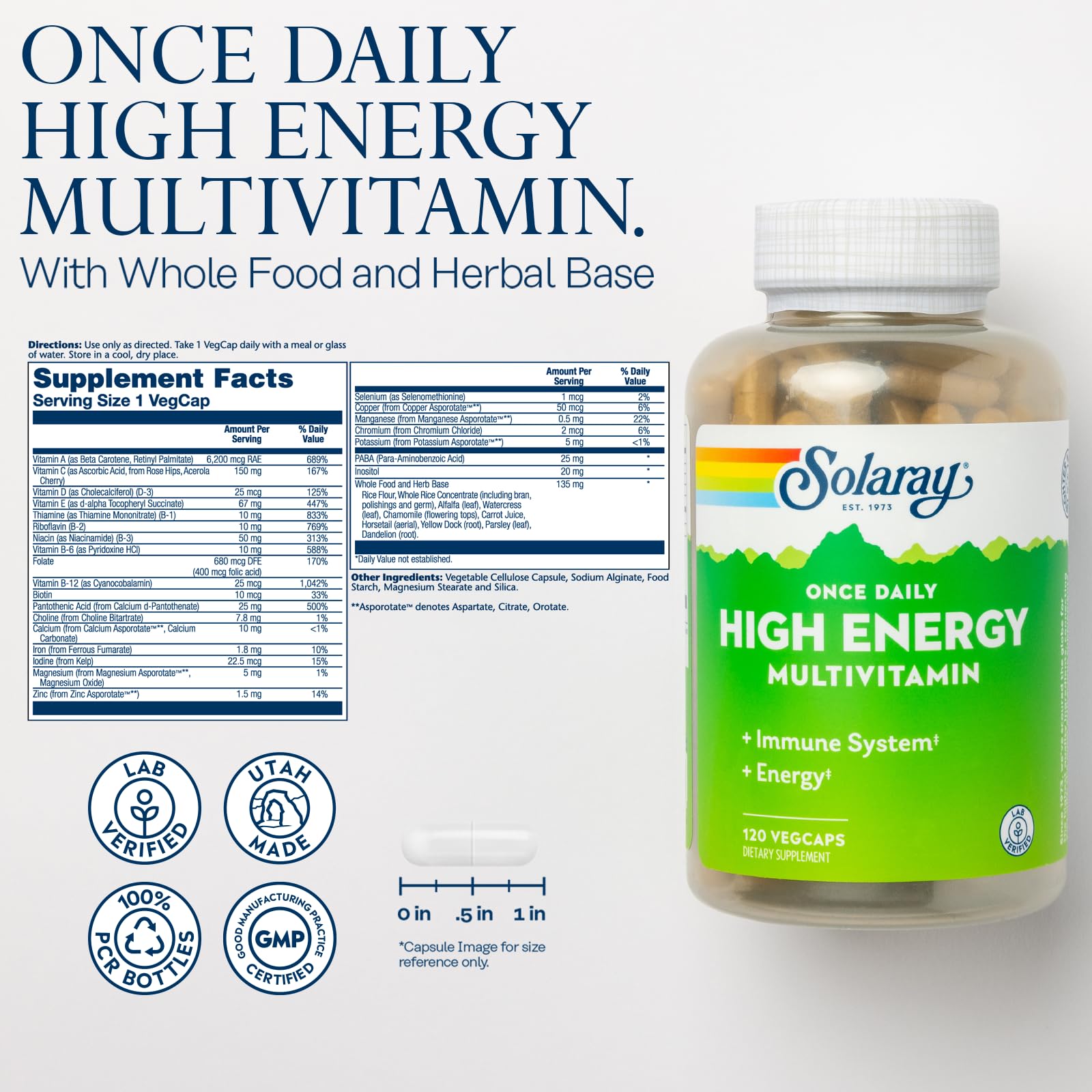SOLARAY multivitamin bottle label highlighting vitamins C, D, E and B complex benefits