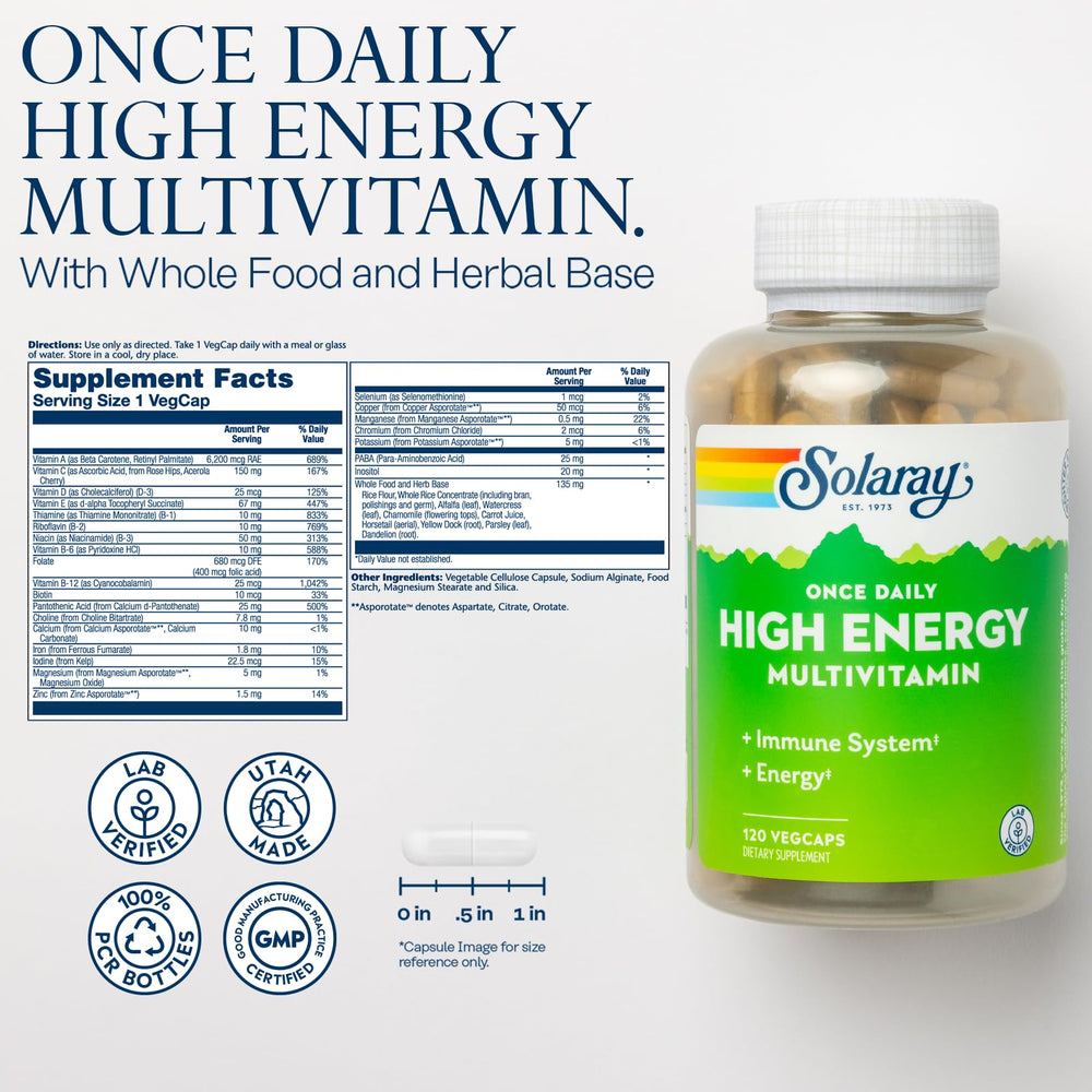 SOLARAY multivitamin bottle label highlighting vitamins C, D, E and B complex benefits