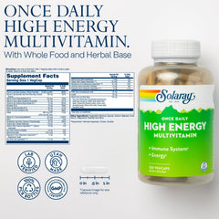 SOLARAY multivitamin bottle label highlighting vitamins C, D, E and B complex benefits