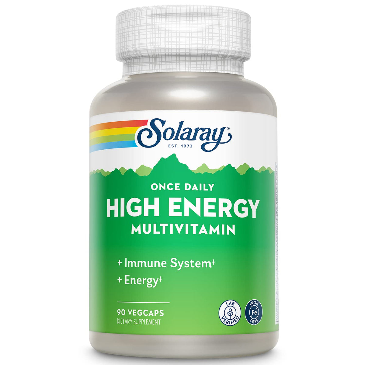 Solaray once daily multivitamin bottle with eco-friendly packaging, promoting sustainable wellness