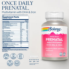 SOLARAY prenatal DHA and folic acid label highlights essential nutrients for mom and baby