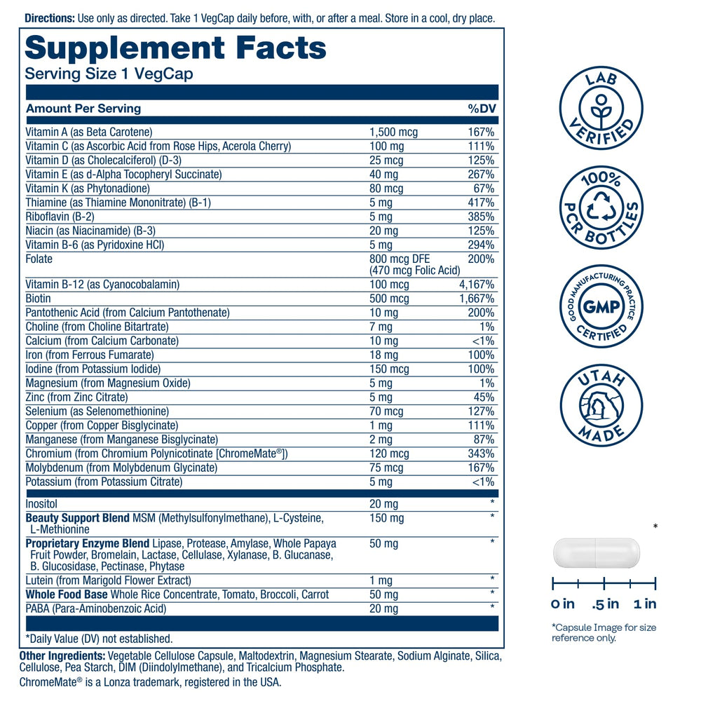 SOLARAY multivitamin label highlights essential nutrients for women's health