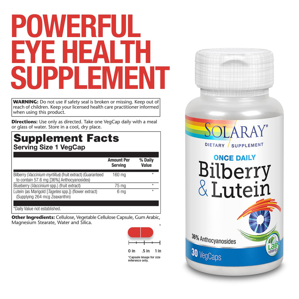SOLARAY One Daily Bilberry & Lutein capsules close-up highlighting anthocyanosides