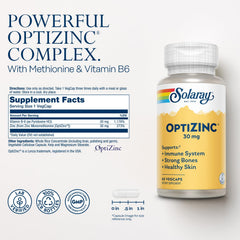 SOLARAY OptiZinc capsule closeup highlighting zinc methionine for better uptake.