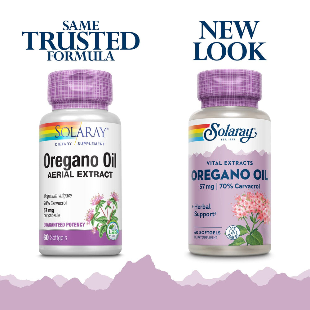 SOLARAY Oregano Oil softgels closeup showing carvacrol-rich formula and olive oil base.