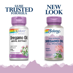 SOLARAY Oregano Oil softgels closeup showing carvacrol-rich formula and olive oil base.
