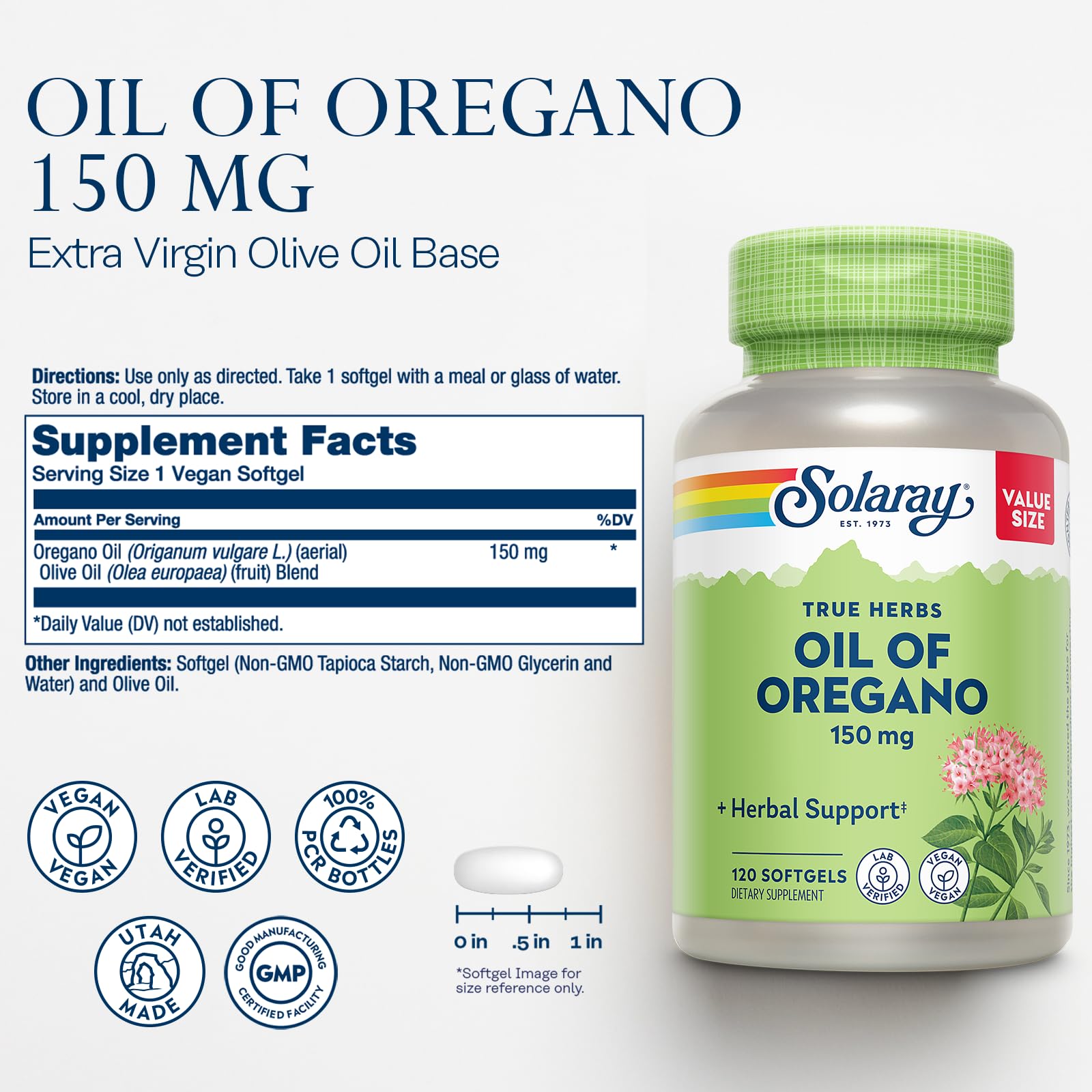 SOLARAY oregano oil softgels in hand for easy swallowing.